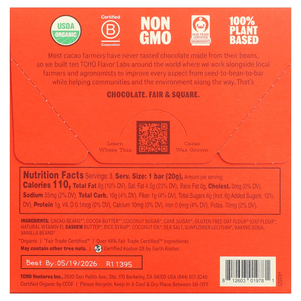 TCHO, Toffee Time, шоколад из овсяного молока с ирисом и морской солью, 53% какао, 3 батончика по 0,70 унции