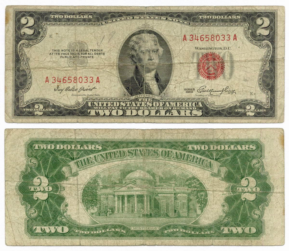 Банкнота США 2 доллара 1953 A 34658033 A. VG-F