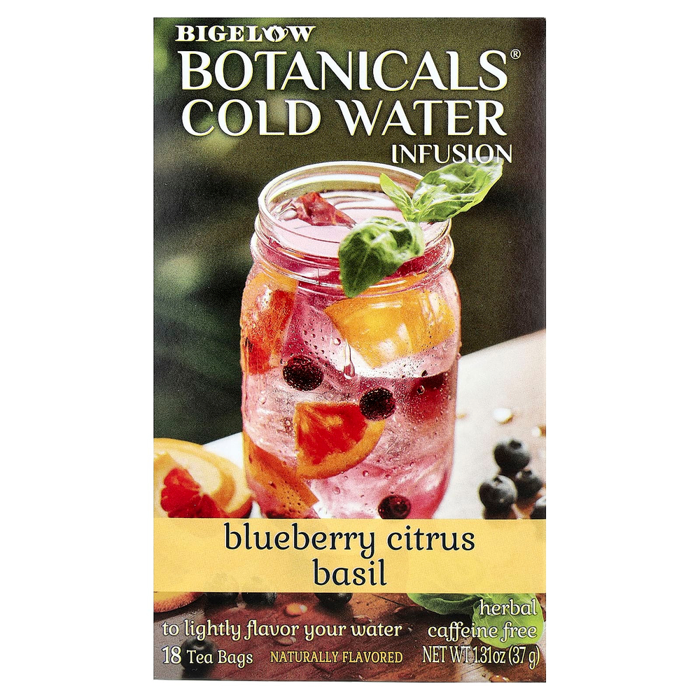 Bigelow, Botanicals®, настой в холодной воде, травяной чай, без кофеина, голубика, цитрус и базилик, 18 чайных пакетиков, 37 г (1,31 унции)
