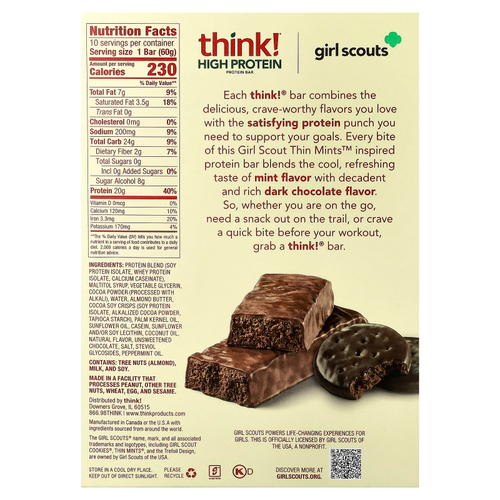 Think !, высокопротеиновые батончики, Girl Scouts Thin Mints™, 10 батончиков, 60 г (2,1 унции) каждый