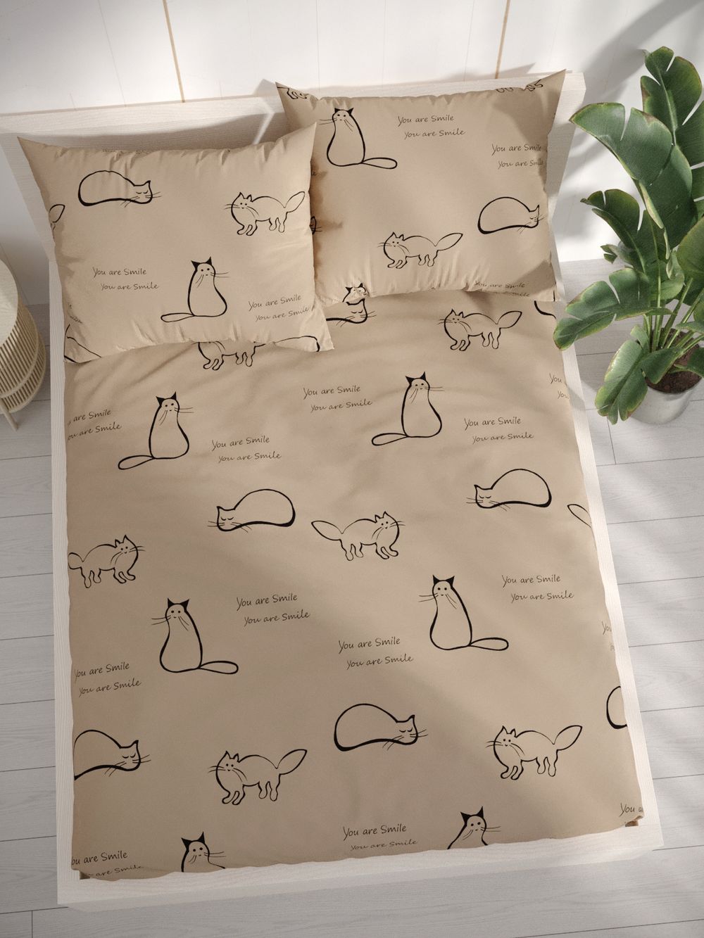 Постельное белье перкаль Сказка "Котики (беж)" евро Наволочка 50х70 см 2 шт Простынь на резинке 180x200 см Пододеяльник 200x215 см