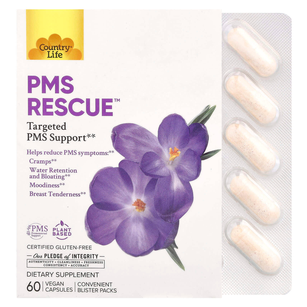 Country Life, PMS Rescue ™, таргетированная поддержка при ПМС, 60 веганских капсул