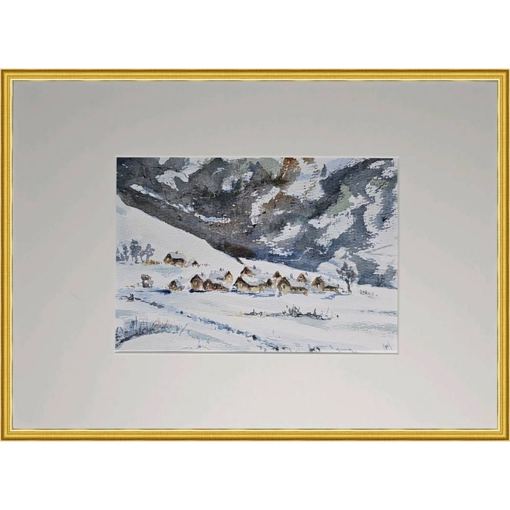 Картина авторская акварельная в паспарту 21х30 см на стену для интерьера "Деревенька"