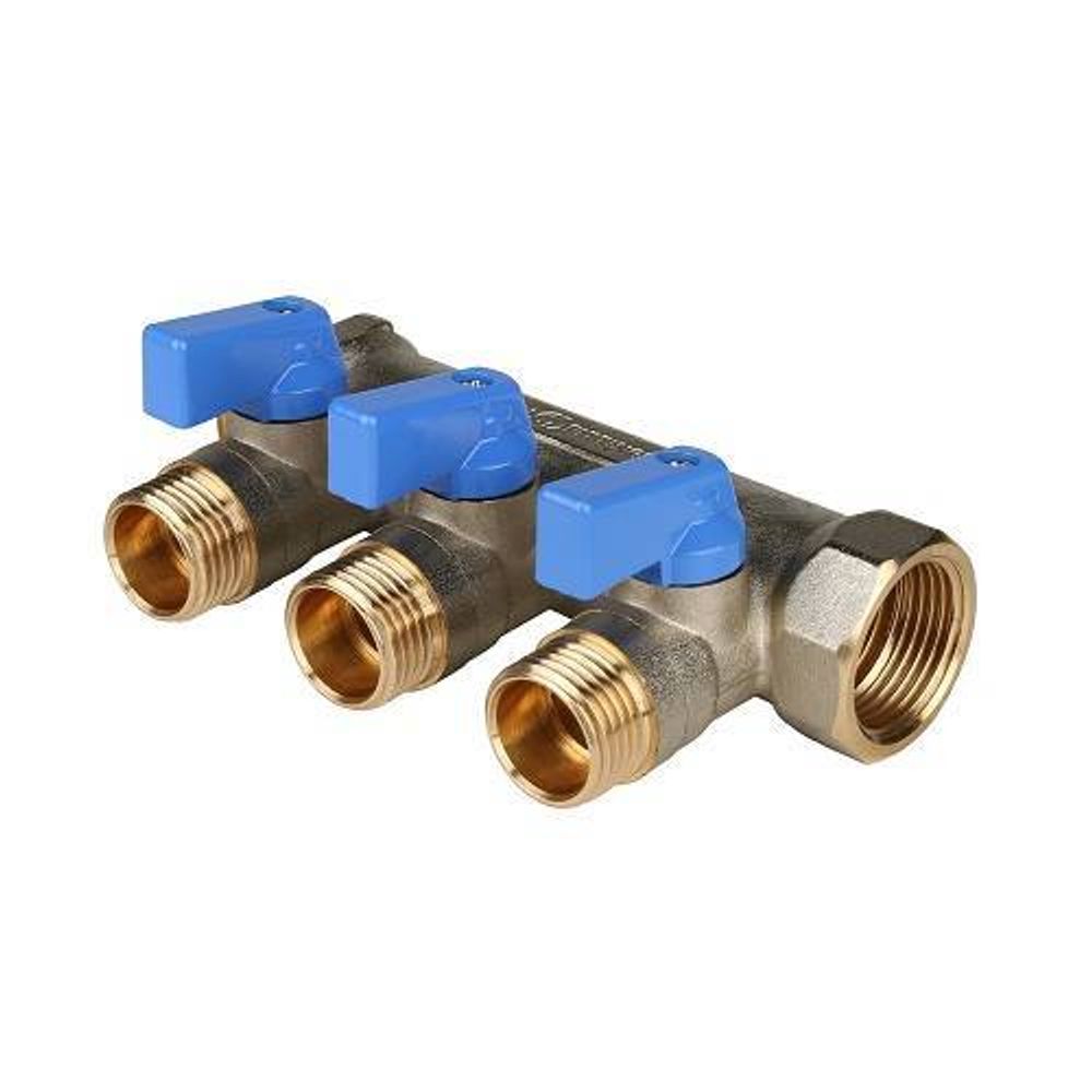 Коллектор запорный проходной STOUT - 3/4&quot; (НР/ВР) на 3 контура 1/2&quot; (НР, ручки синие)