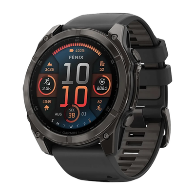 Спортивные часы Garmin fenix 8, 51 мм, AMOLED, титан с DLC, сапфир, силиконовый ремешок цвета чёрный/«серая галька» Тёмно-серый безель из титана с DLC-покрытием, AMOLED-дисплей. Ремешок с классической застёжкой — на запястье обхватом 127–210 мм