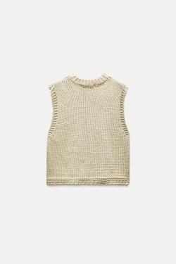 ZARA ТРИКОТАЖНЫЙ ЖИЛЕТ С НОВОГОДНЕЙ ЕЛКОЙ, ЭКРЮ