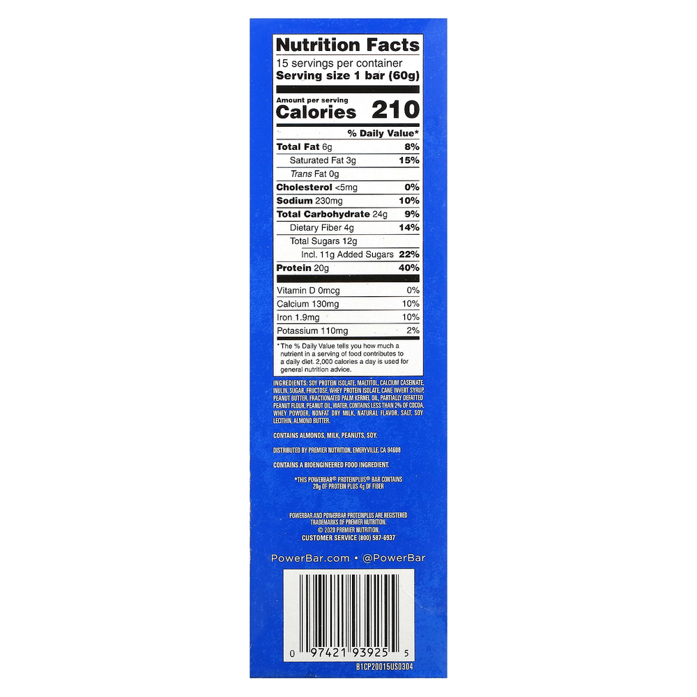 PowerBar, Protein Plus, батончик с арахисовой пастой, 15 батончиков, 60 г (2,11 унции)