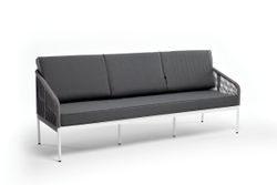 "Канны" диван 3-местный плетеный из роупа, каркас алюминий белый муар, роуп светло-серый круглый, ткань темно-серая 027