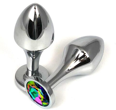 Серебристая анальная пробка на удлиненной ножке с радужным кристаллом - 9,5 см. (Цвет: разноцветный)