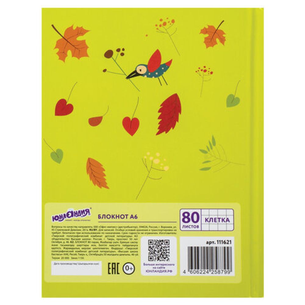 Блокнот МАЛЫЙ ФОРМАТ (110х147 мм) А6 ЮНЛАНДИЯ, 80 л., твердый, клетка, "Котик", 111621