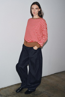 ZARA СВИТЕР ИЗ 100% ШЕРСТИ В ПОЛОСКУ, ЭКРЮ/КРАСНЫЙ