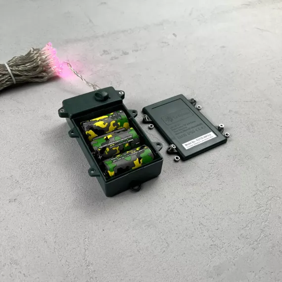 Светодиодная гирлянда 10 м., 3 батарейки типа D 4.5V, 100 LED ламп светло розового цвета, таймер, прозрачный провод, LTC (EST100-4W10-8BP)
