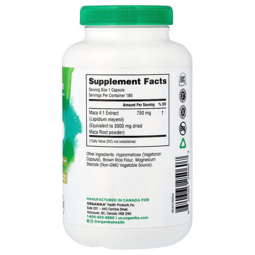 Organika, MACA, 750 mg, 180 Vegetarian Capsules