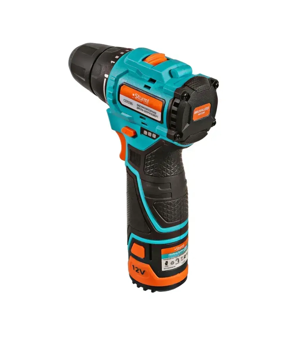 Шуруповерт аккумуляторный бесщеточный 12В, крутящий момент 35Нм, патрон 10мм, аккумулятор 2.0Ач, TYPE-C, система 1BatterySystem12V, Sturm!