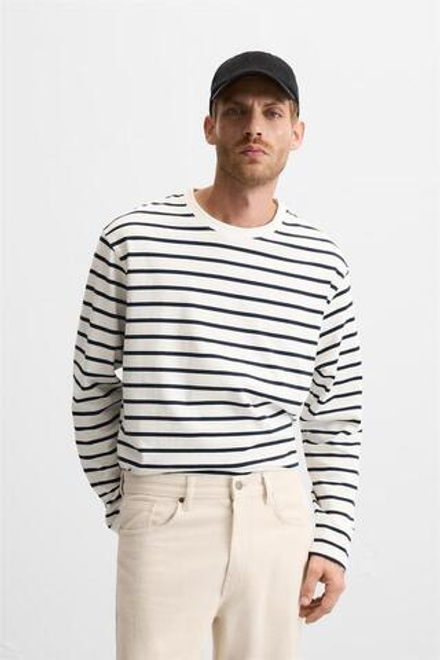 ZARA ФУТБОЛКА В ПОЛОСКУ, БЕЛЫЙ/МОРСКОЙ СИНИЙ