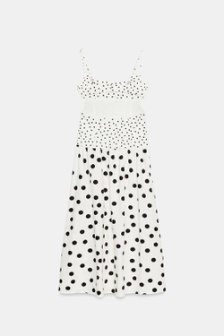 ZARA ПЛАТЬЕ МИДИ В ГОРОШЕК НА БРЕТЕЛЯХ, ЭКРЮ/ЧЕРНЫЙ