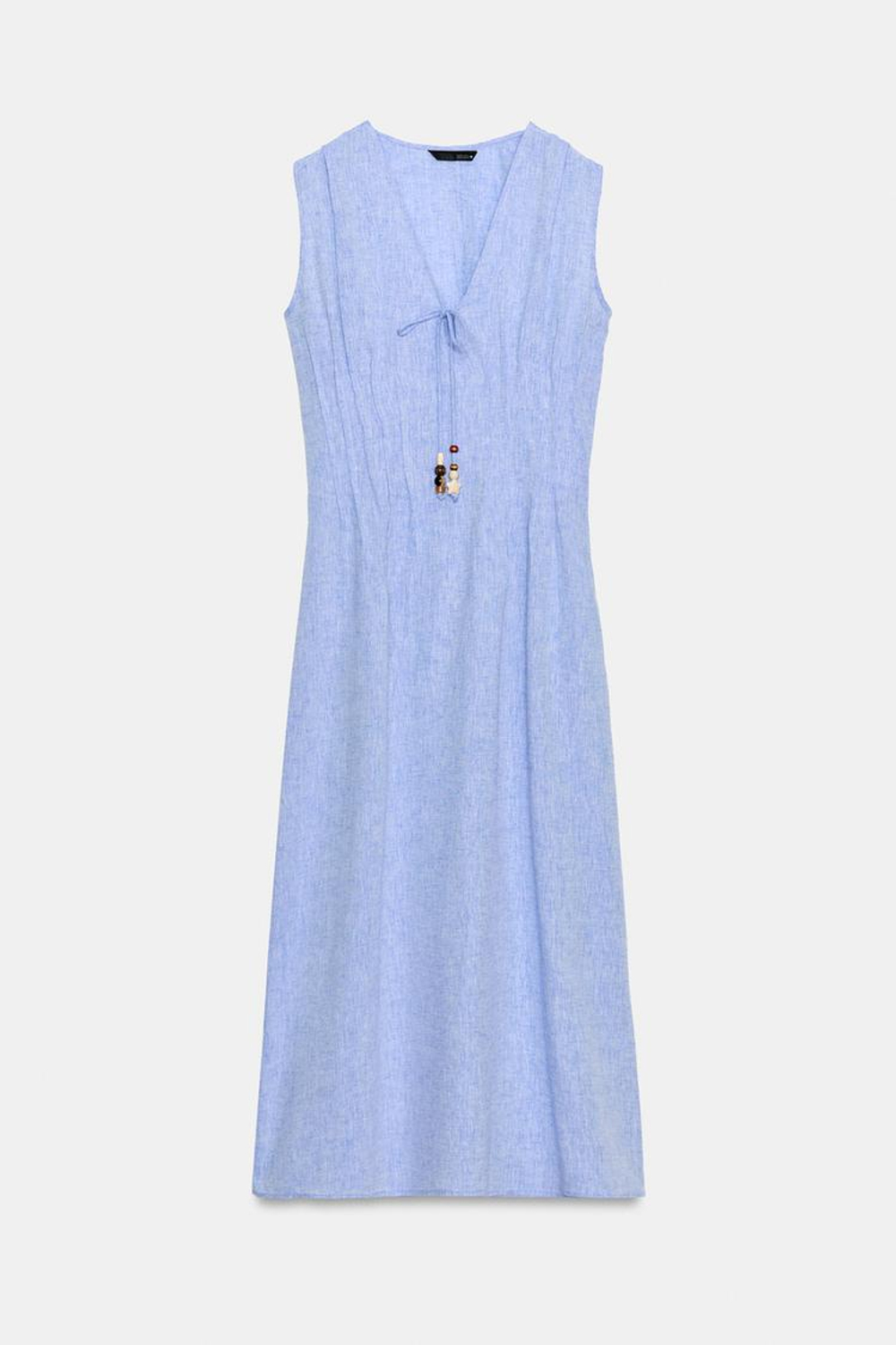 ZARA ЛЬНЯНОЕ ПЛАТЬЕ МИДИ СО СКЛАДКАМИ, СИНИЙ