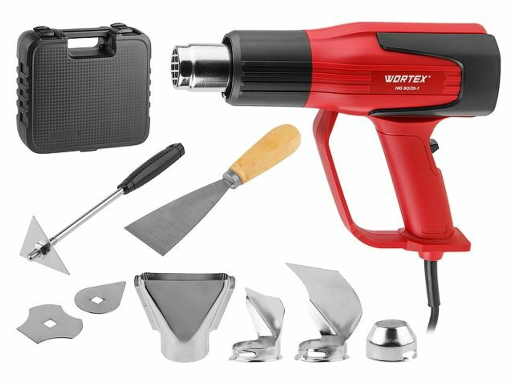 Фен технический WORTEX HG 6020-1  в чем. + набор сопл 2000 Вт, 2 скор., 350-600 °С (0334327)