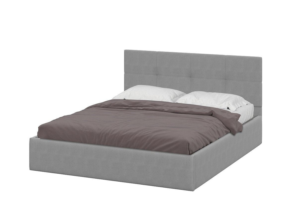 Кровать, двухспальная, мягкая спинка, серая, ЛДСП, текстиль