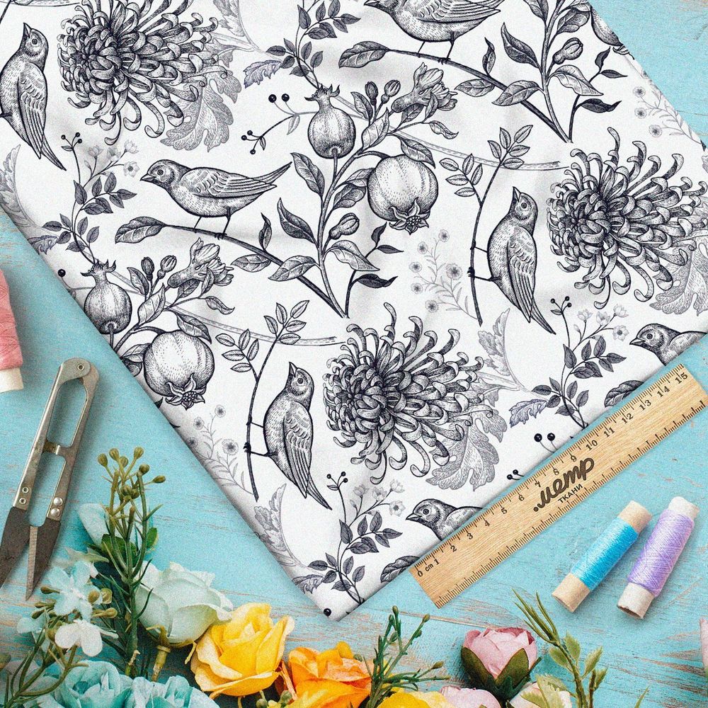 Ткань таффета эскизные птицы с веткой граната