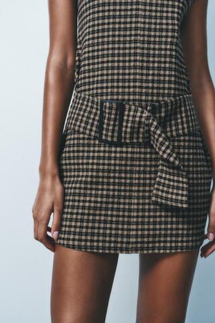 ZARA ПЛАТЬЕ ИЗ ИНТЕРЛОКА С РЕМНЕМ, ЧЕРНЫЙ/ПЕСОЧНЫЙ