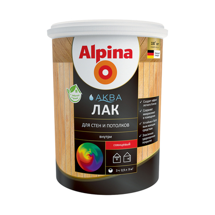 Лак для стен и потолков Alpina Аква, акриловый, глянцевый, 0,9 л