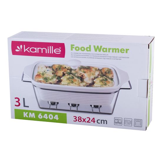 Мармит керамический прямоугольный 3 л. Kamille КМ-6404 со стеклянной крышкой на металлической подставке
