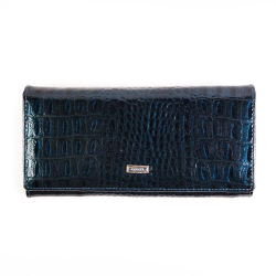 Отличный стильный глянцевый большой тёмно-синий женский кошелёк портмоне из натуральной кожи под крокодила 18,5х9,5 см Coscet CS21-201E