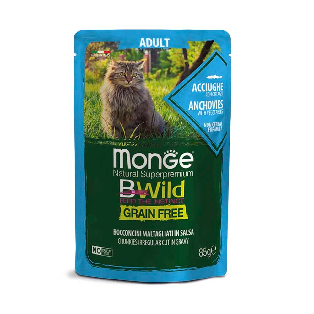 Monge Cat Bwild 85 г (анчоусы с овощами) - беззерновые консервы (пауч) для взрослых кошек