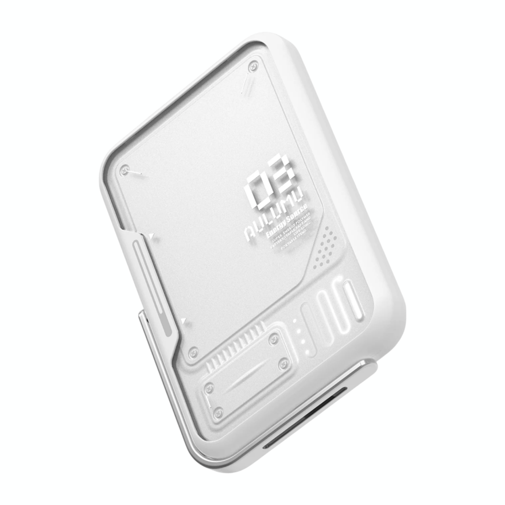 Внешний аккумулятор MagSafe с подставкой Aulumu M03 Battery Pack (3500 мА·ч) Внешний аккумулятор в футуристическом стиле | Беспроводная зарядка: Qi 5 Вт. Проводная зарядка: нет. Есть LED-индикация. Энергоёмкость — 12,95 Вт·ч