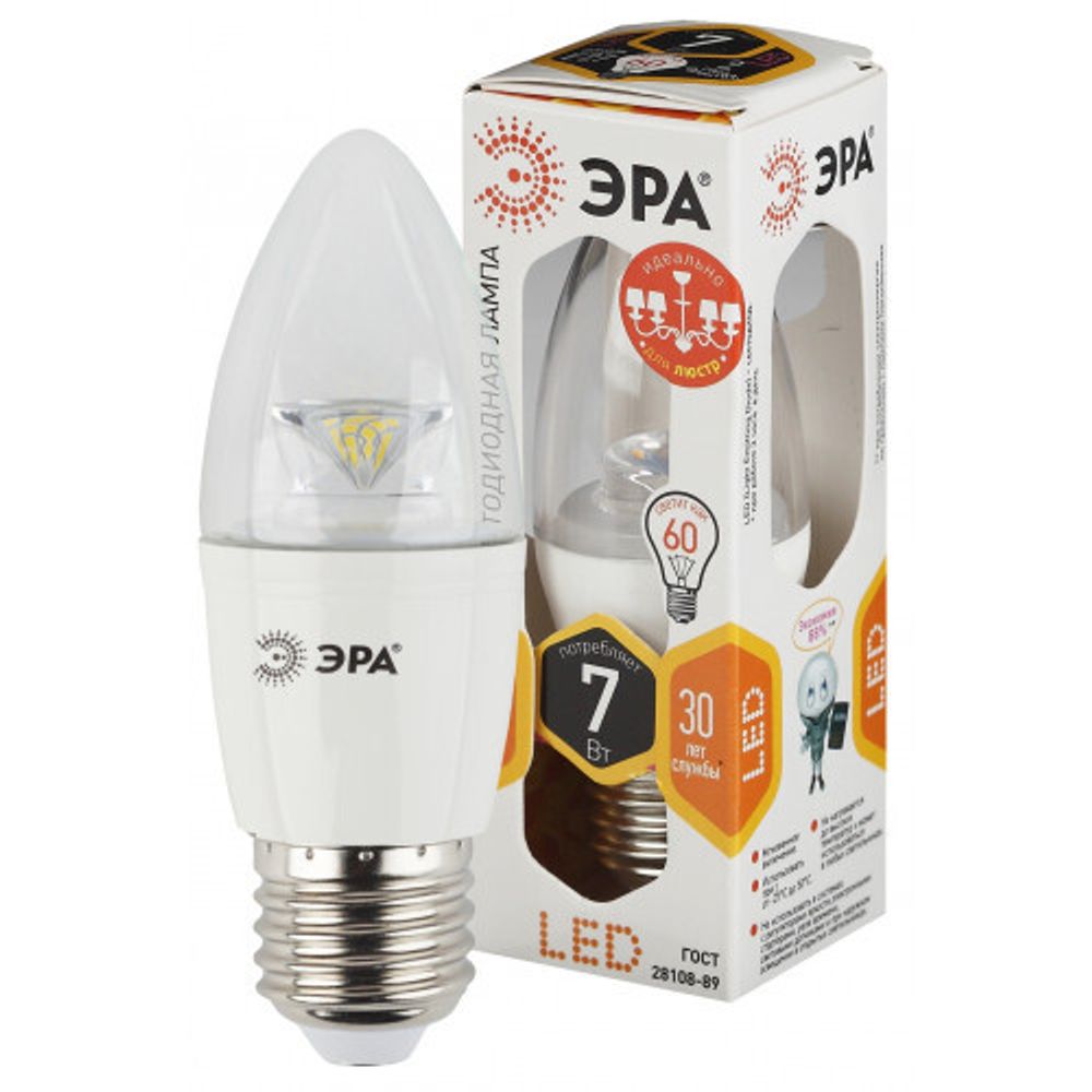 Лампа светодиодная ЭРА STD LED B35-7W-827-E27-Clear 7Вт свеча теплый белый свет E27/Е27 | Лампы cветодиодные Свеча (B/C)