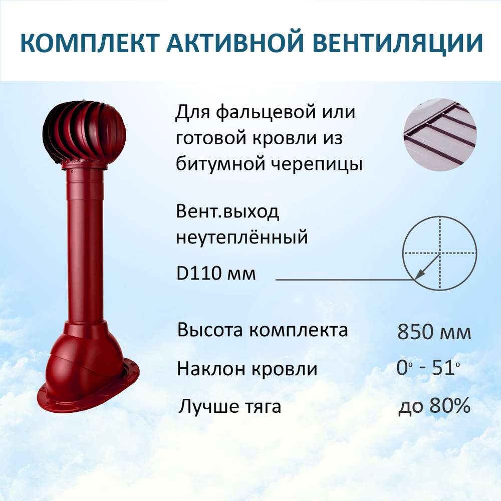 Комплект активной вентиляции: Вентиляционный выход D110 не утепленный высота H=500 мм, проходной элемент SKAT для фальцевой и готовой кровли из битумной черепицы, турбодефлектор Ø 110 мм, красное вино