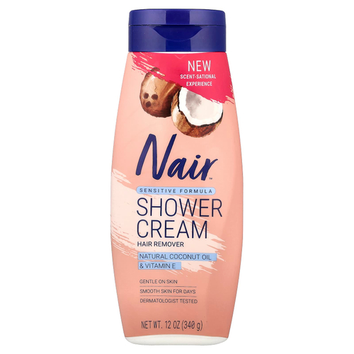 Nair, крем для душа, средство для депиляции, для чувствительной кожи, натуральное кокосовое масло и витамин Е, 340 г (12 унций)