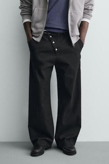 ZARA БРЮКИ WIDE FIT НА НАВЕСНОЙ ПЕТЛЕ, ЧЕРНЫЙ