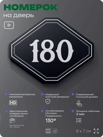 Номерок на дверь квартиры 180, для кабинета, офиса, шильдик 9 х 7 см, черный, Айдентика Технолоджи