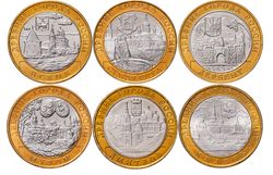 Набор из 6 монет 10 рублей биметалл (Старая Русса, Дербент, Псков, Муром, Дмитров, Казань) 2002-2005 года