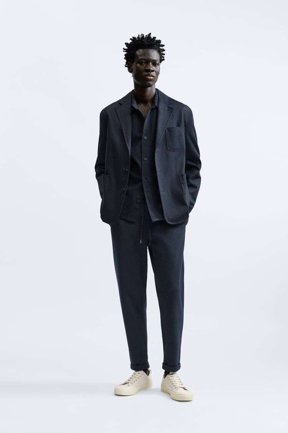 ZARA БРЮКИ EASY CARE С ПОЯСОМ НА ШНУРКЕ, ТЕМНО-СИНИЙ