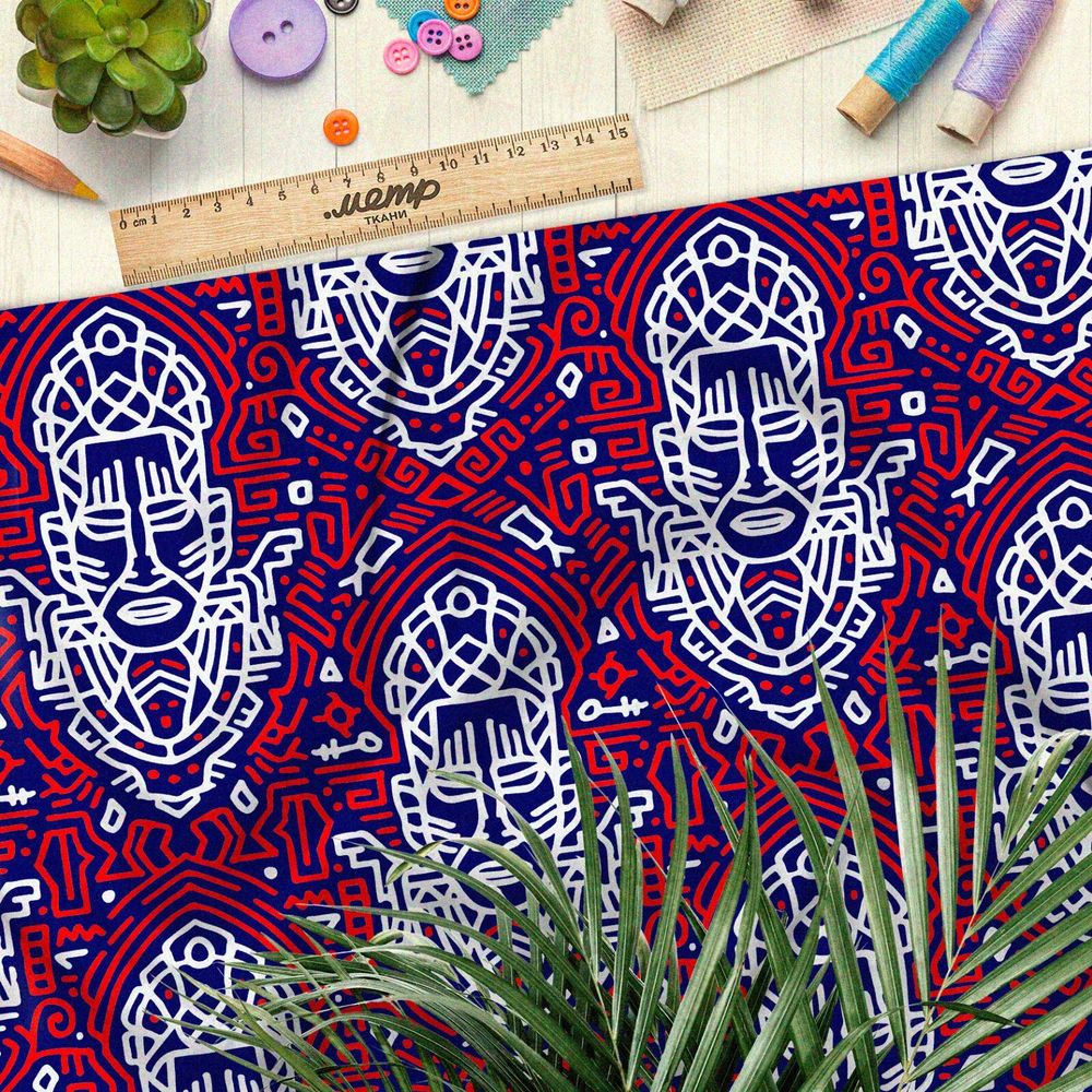 Ткань блэкаут египетский фараон с краснымм узорами