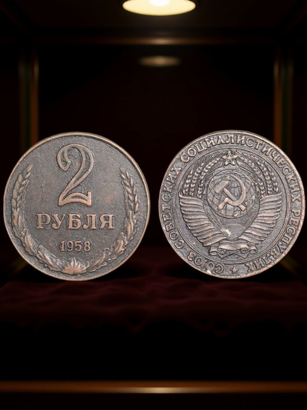 2 рубля 1958 года СССР Советский Союз. Годовик. Проба. Советы. Копия пробной монеты медь патина