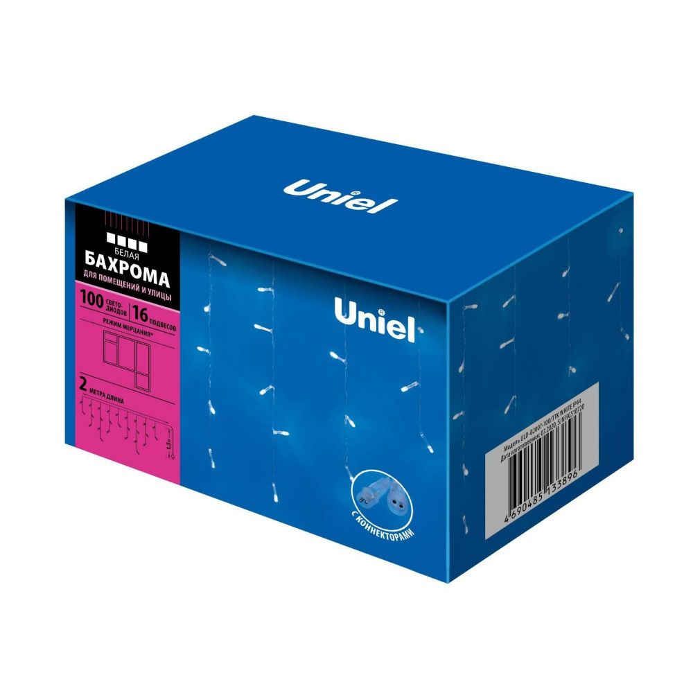 ULD-B2007-100/TTK WHITE IP44 Бахрома светодиодная с эффектом мерцания, 2м. Соединяемая. 100 светодиодов. Белый свет. Провод прозрачный. ТМ Uniel