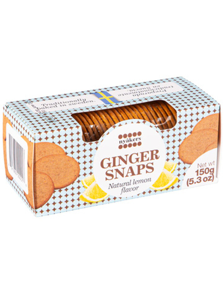 Ароматное имбирное печенье Nyakers GINGER SNAPS Lemon 150г, с цитрусовым ароматом лимона, не содержит пальмового масла