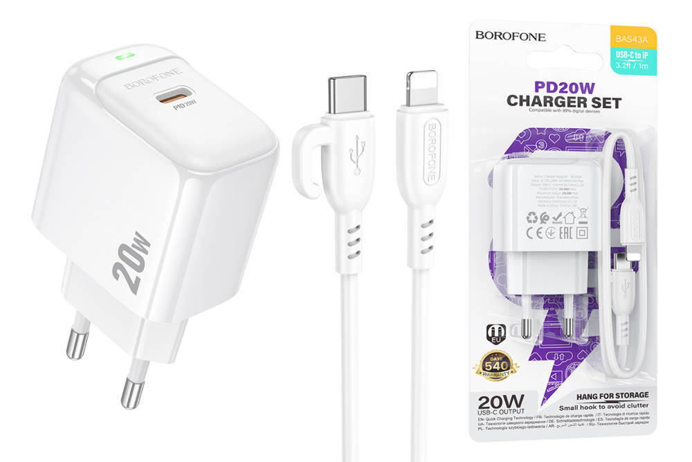 Сетевое зарядное устройство с кабелем iOS Lightning 1-метр 3А PD 20W BOROFONE BAS43A