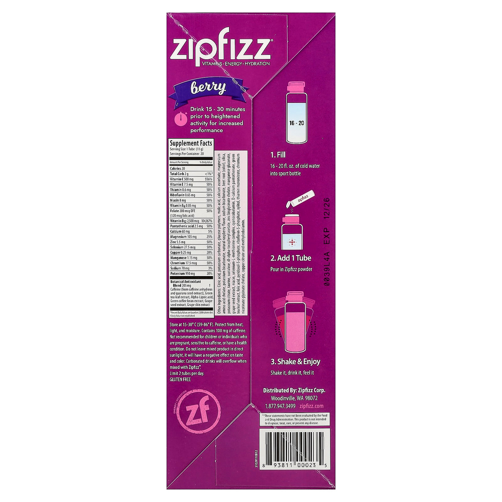Zipfizz, смесь для приготовления напитка, с ягодным вкусом, 20 тюбиков по 11 г (0,39 унции)