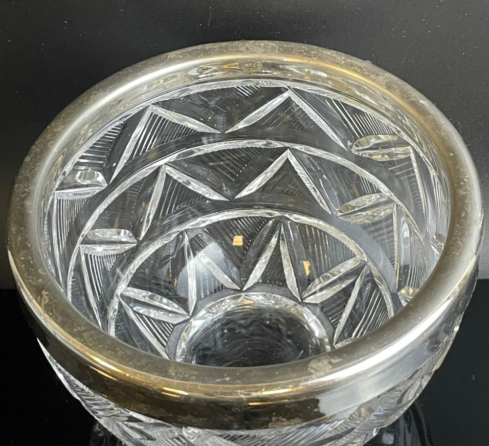 Вазочка конфетница хрустальная с металлическим ободком, геометрический узор, винтаж СССР 1970-1990 гг