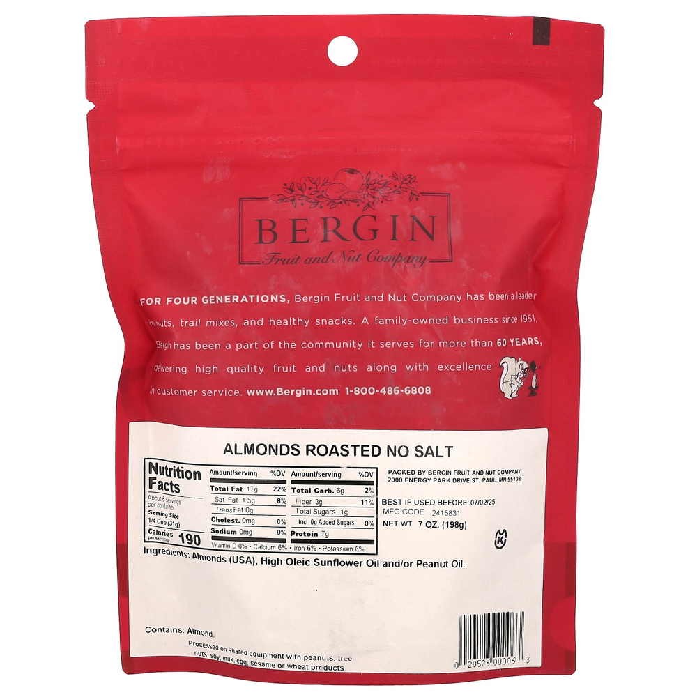 Bergin Fruit and Nut Company, обжаренный миндаль, без соли, 198 г (7 унций)