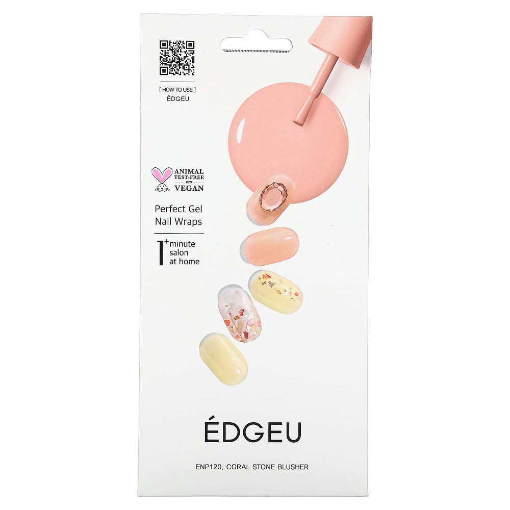 Edgeu, Perfect Gel Nail Wraps, гелевые наклейки для ногтей, дизайн ENP 120, коралловые с камушками, набор из 23 предметов