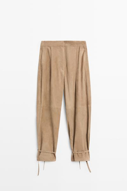 Massimo Dutti Брюки из замшевой кожи с завязками по низу, зеленый