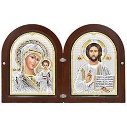 Казанская икона и Иисус Христос Спаситель. Венчальная пара в серебряном окладе в складне.