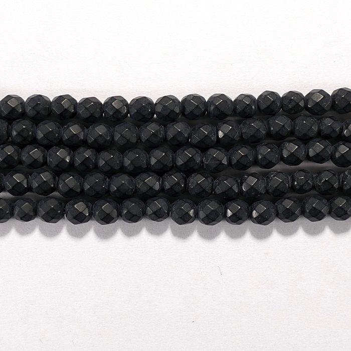 Нить бусин из оникса черного матового, фигурные, 4 мм (шар, граненые)