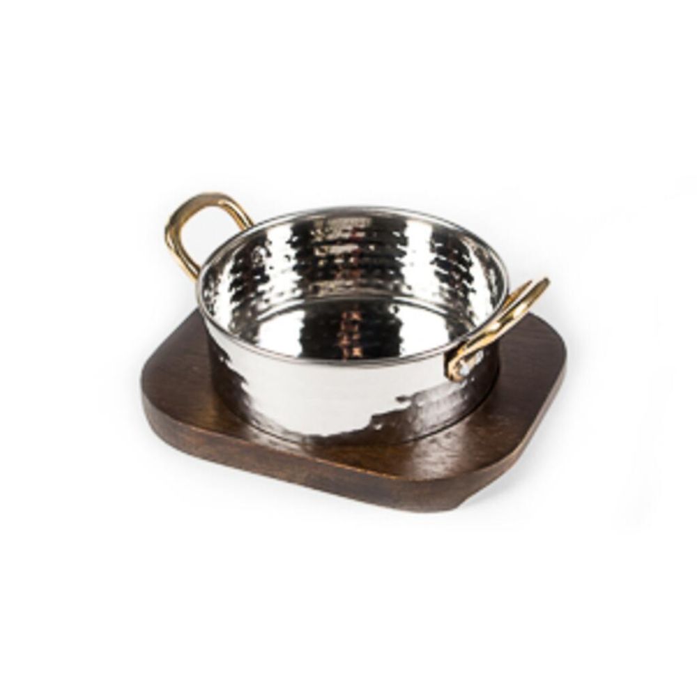 Сковорода для подачи на дерев. подст. 13,7 см h5 см 650 мл Dents круглая нерж. 2 ручки золото P.L.